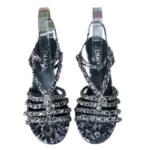 Chanel Exotic Python Snakeskin Chain Link CC Blue High Heel Sandals 40